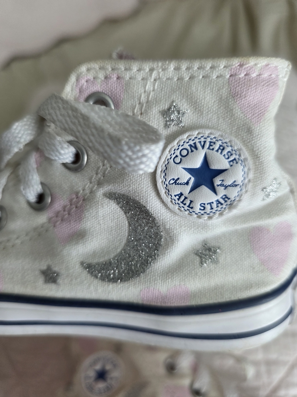 Converse Kids White High-Top Sneakers with Pink Hearts & Silver Glitter Moon
